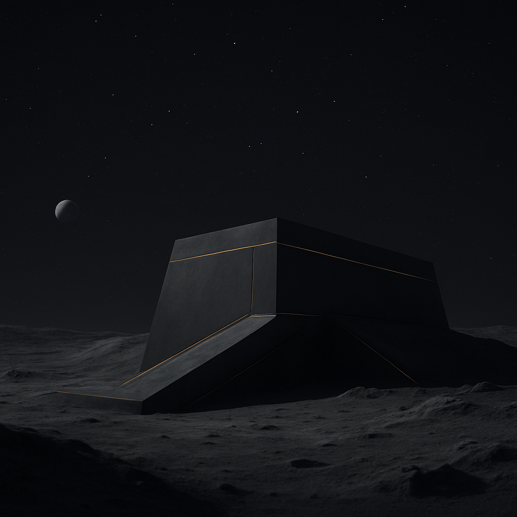 A future lunar consciousness sanctuary on the moon's surface beneath a black starfield